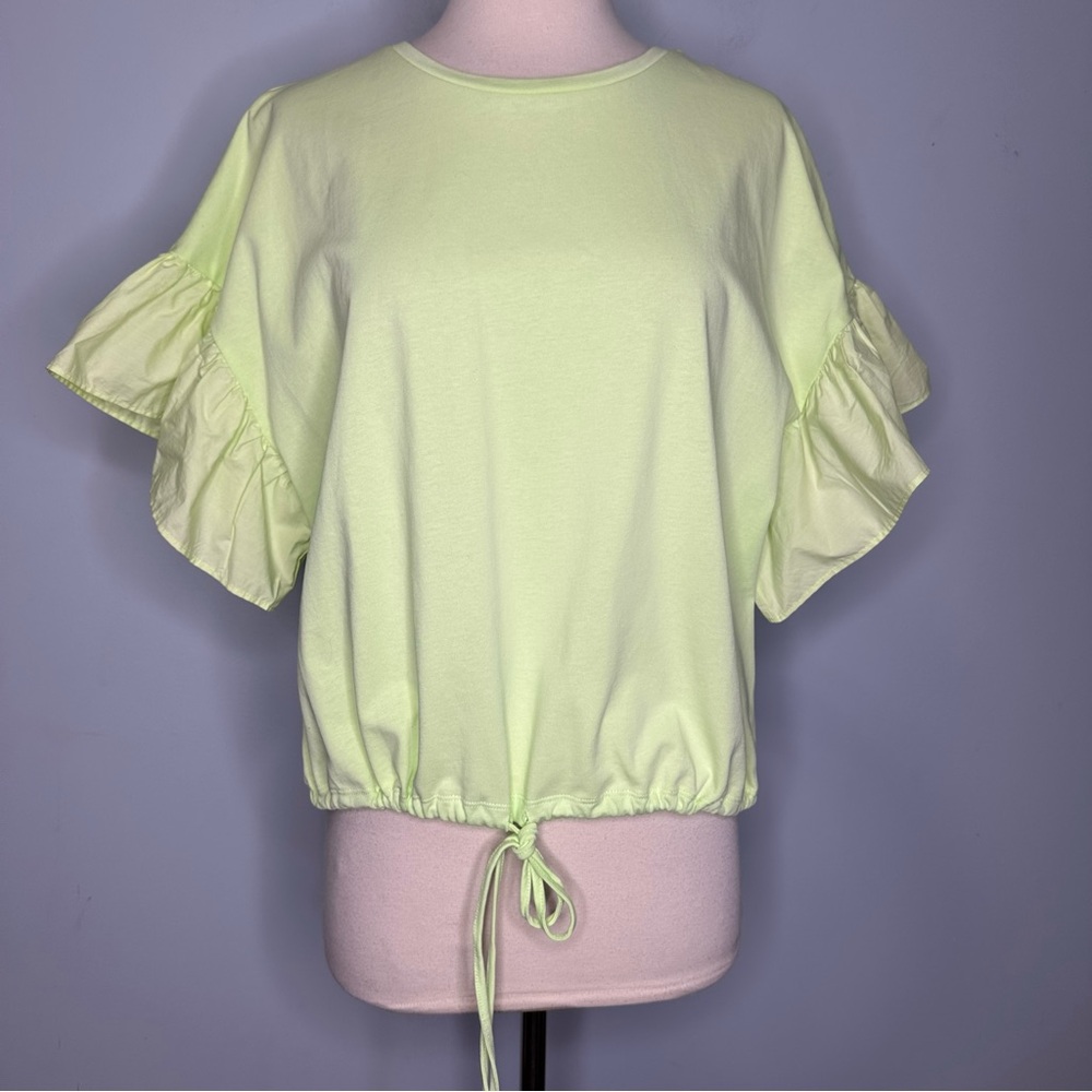 Maeve By Anthropologie Lime Green Cotton Ruffle Sleeves Drawstring Waist Size XL